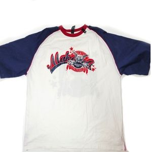 Makaveli vintage Tupac brand logo tee shirt. The shirt is white with blue sleeve